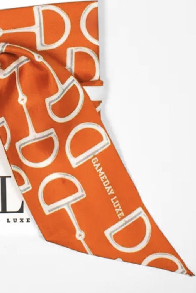 Loud and Clear Horsebit Silk Twilly Scarf in Orange - close-up