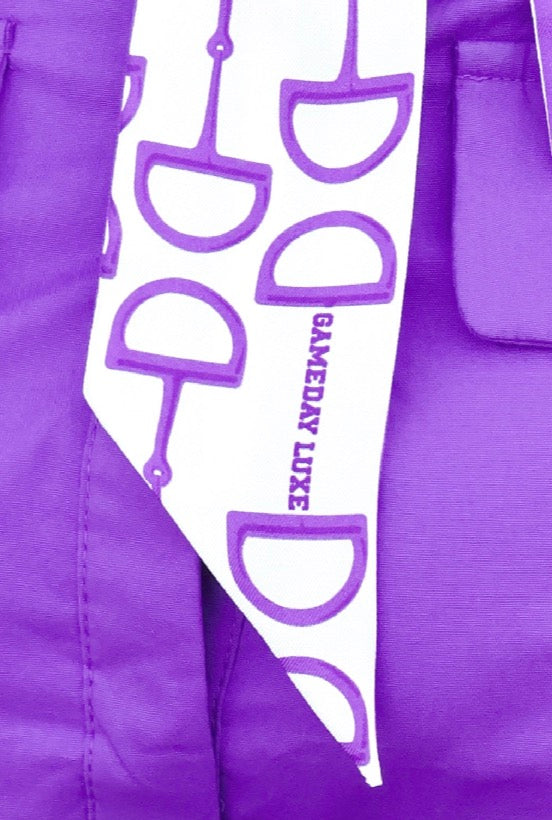 Loud and Clear Horsebit and Stripe Twilly Scarf in White & Purple - close-up