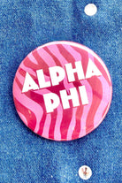 Alpha Phi Zebra Greek Gameday Button close-up