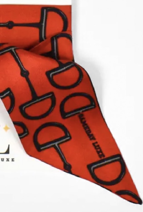 Loud and Clear Horsebit Silk Twilly Scarf in Red and Black - close-up