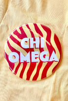 Chi Omega Zebra Greek Gameday Button close-up