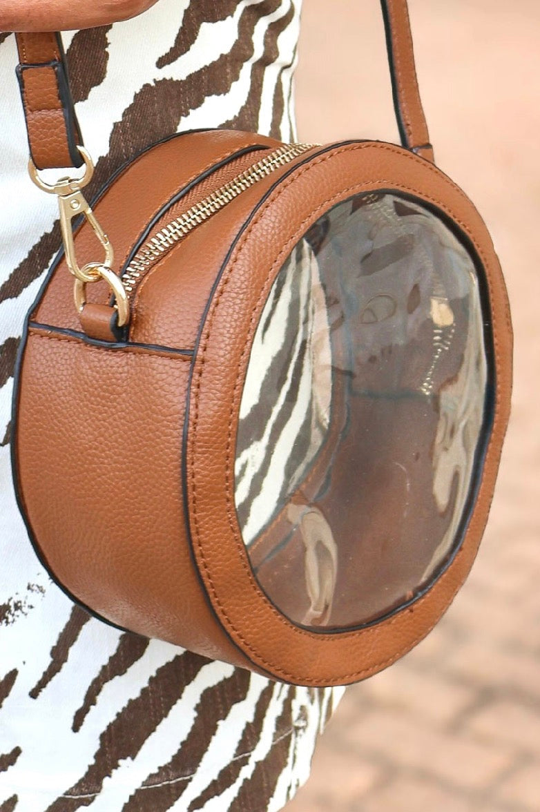 It's Game Time Baby Circle Clear Bag in Cognac - close-up