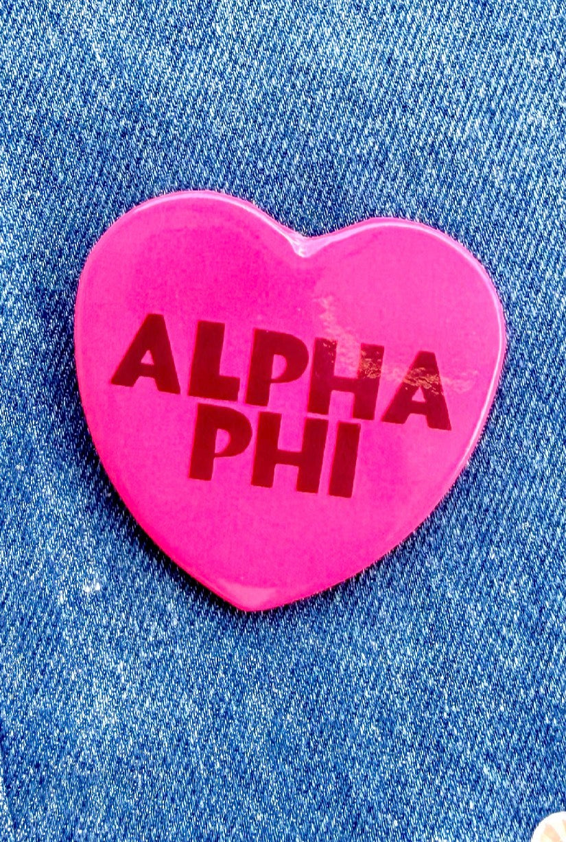 Alpha Phi Heart Greek Small Gameday Button close-up