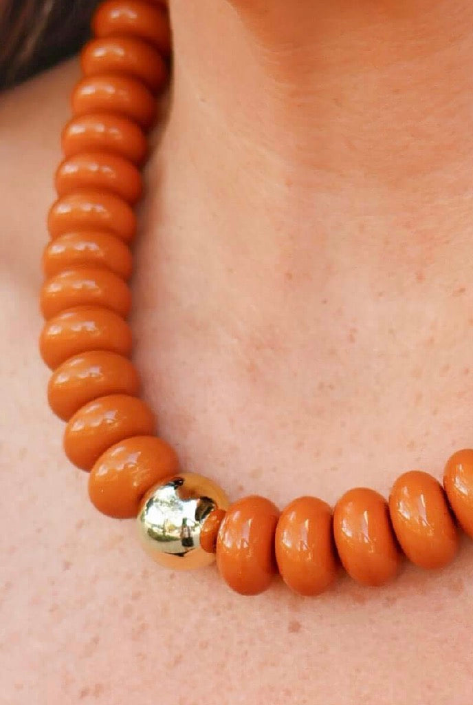 Natural Element Chunky Beaded Necklace in Caramel - close-up