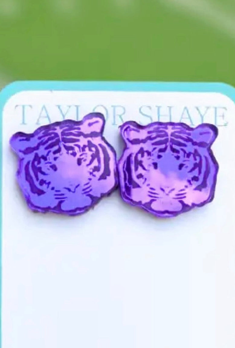 Hear Me Roar Tiger Stud Earrings by Taylor Shaye in Purple - close-up