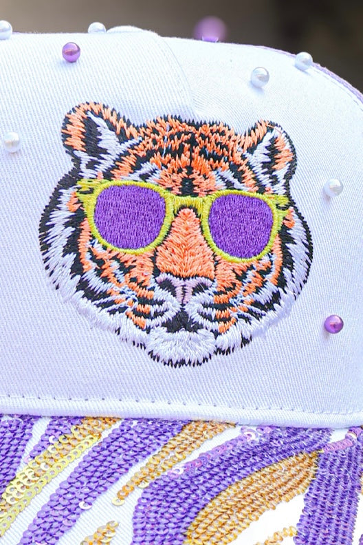 Pearl and Sequin Embroidered Tiger Trucker Hat in Purple and Gold - alternate view