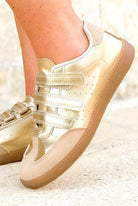 Cross Your Mind Metallic Velcro Sneakers in Gold - close-up