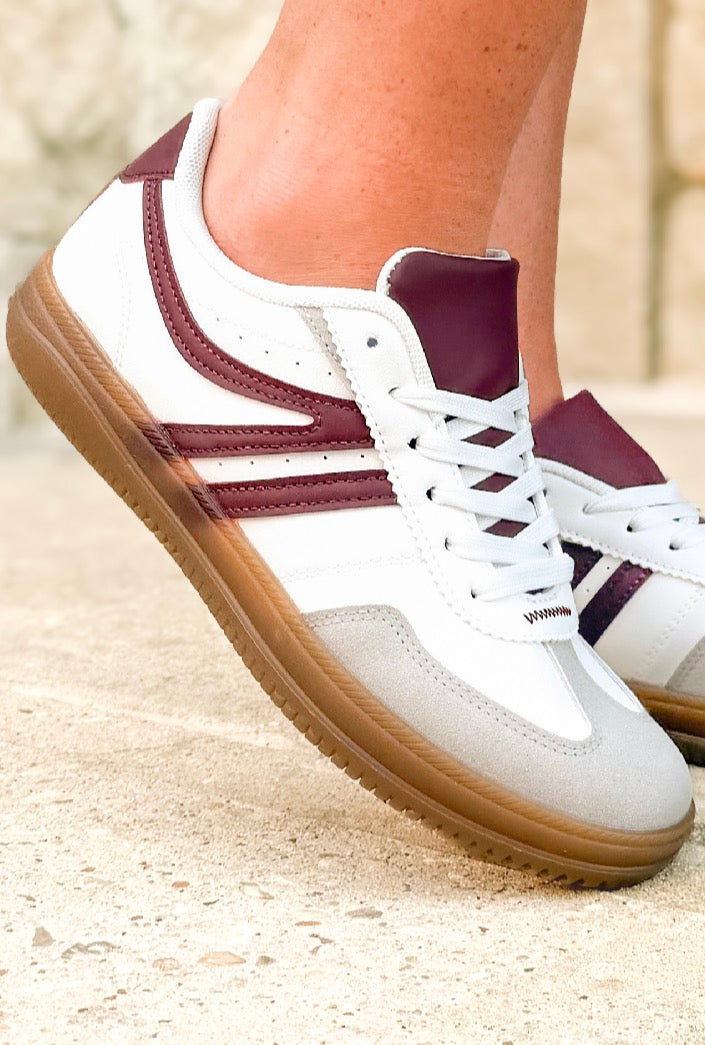 My Comfort Zone Stripe Detail Pleather Sneakers in Burgundy - close-up