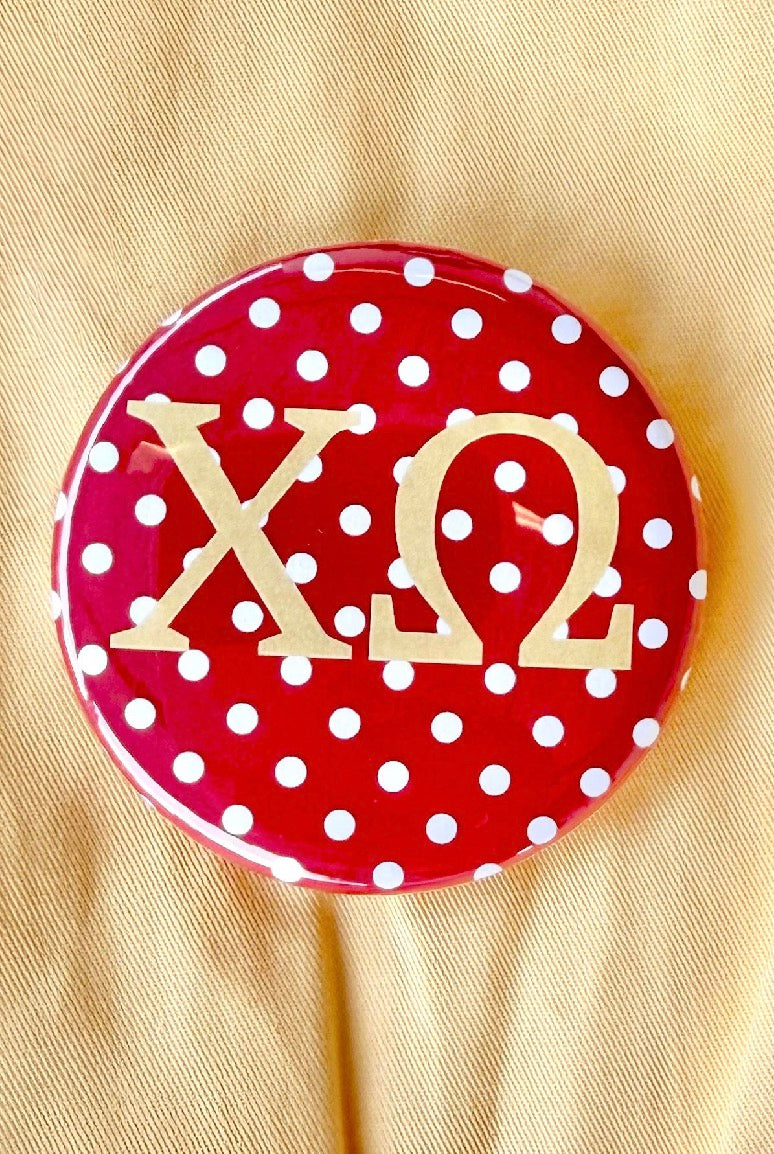 Chi Omega Polka Dot Greek Small Gameday Button close-up