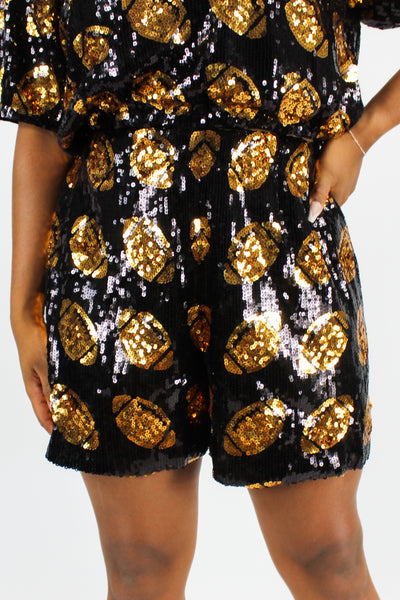 Gameday Energy Sequin Shorts in Black/Gold Frock Candy