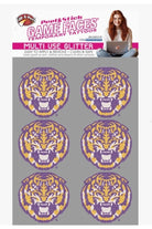 Gamefaces Tiger Glitter Tattoos with purple and gold tiger faces