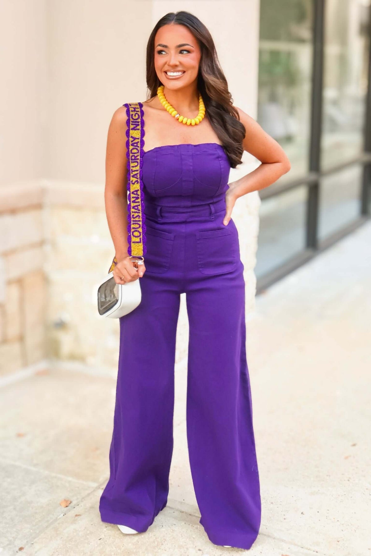 Have to Win Strapless Wide Leg Denim Jumpsuit in Dark Purple