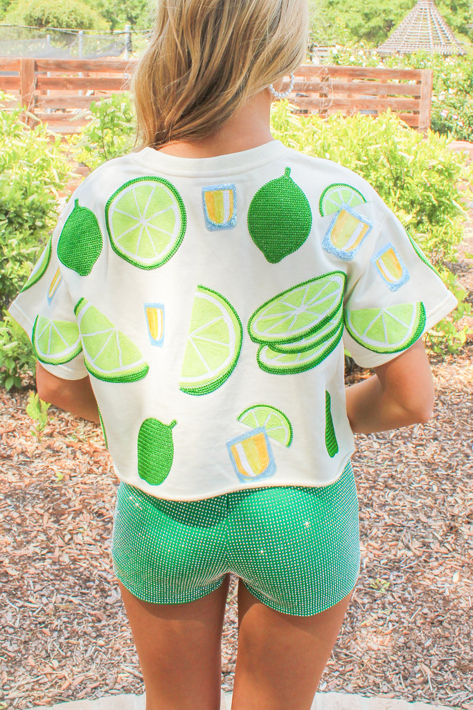 cream tee with sequin lime and tequila patches 