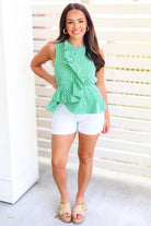 Sunny Muse Ruffle Detail Gingham Peplum Top Size L-TOP S/S PRINT