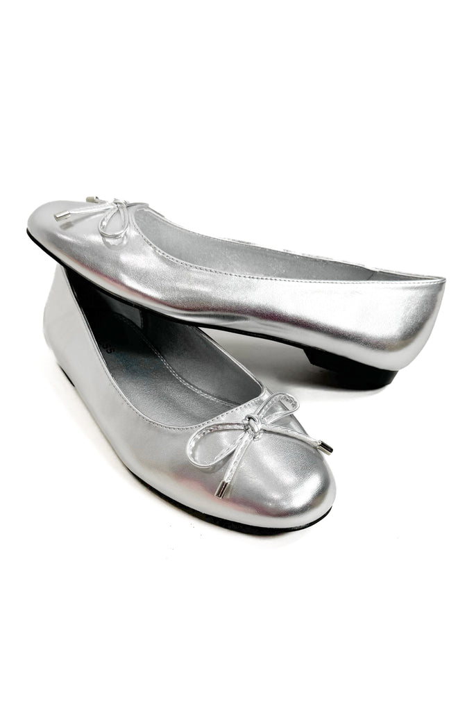 metallic silver ballet slip on flat with bow detail on front