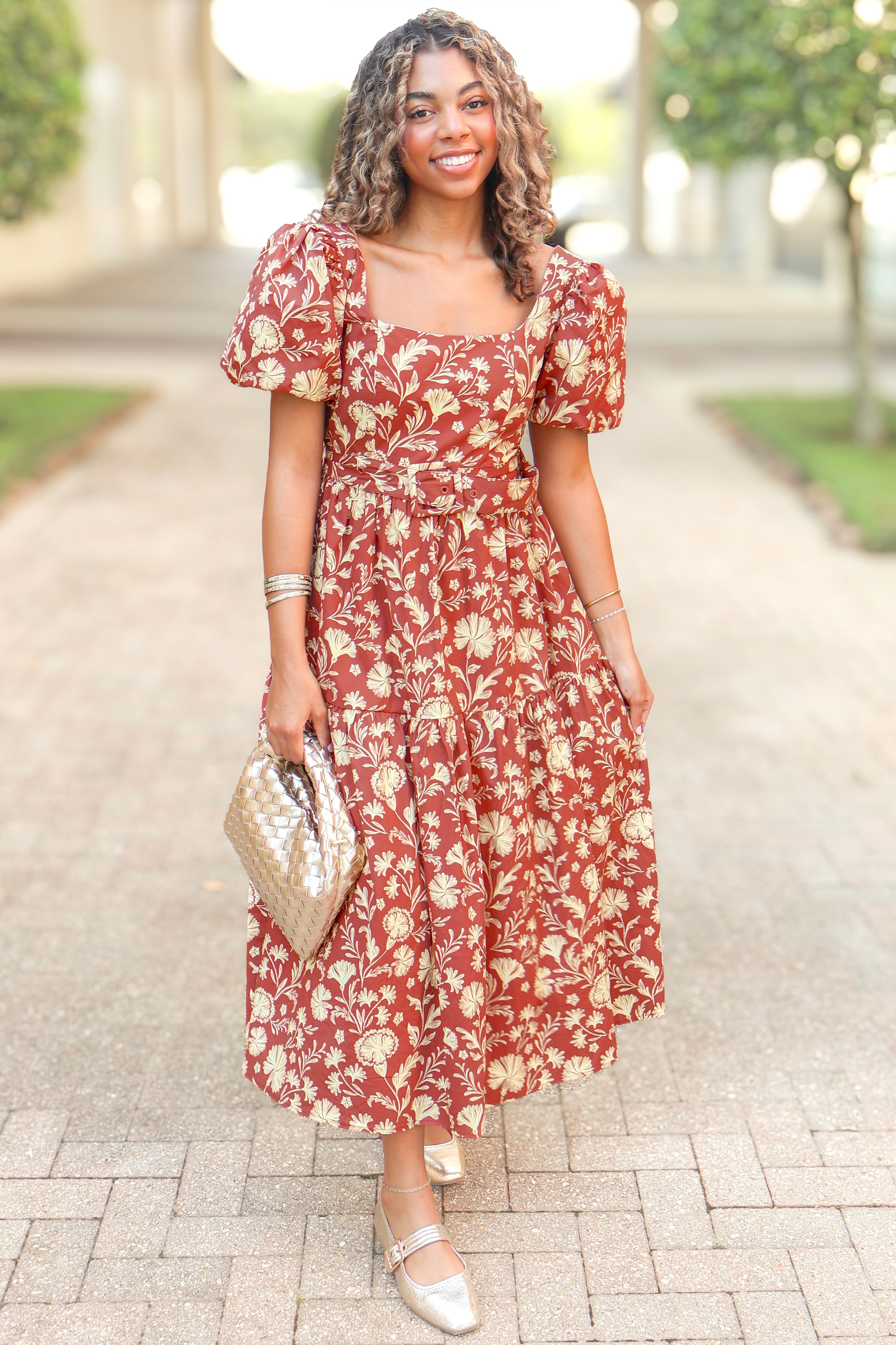 Right or Wrong Floral Belted Maxi Dress Rust / M