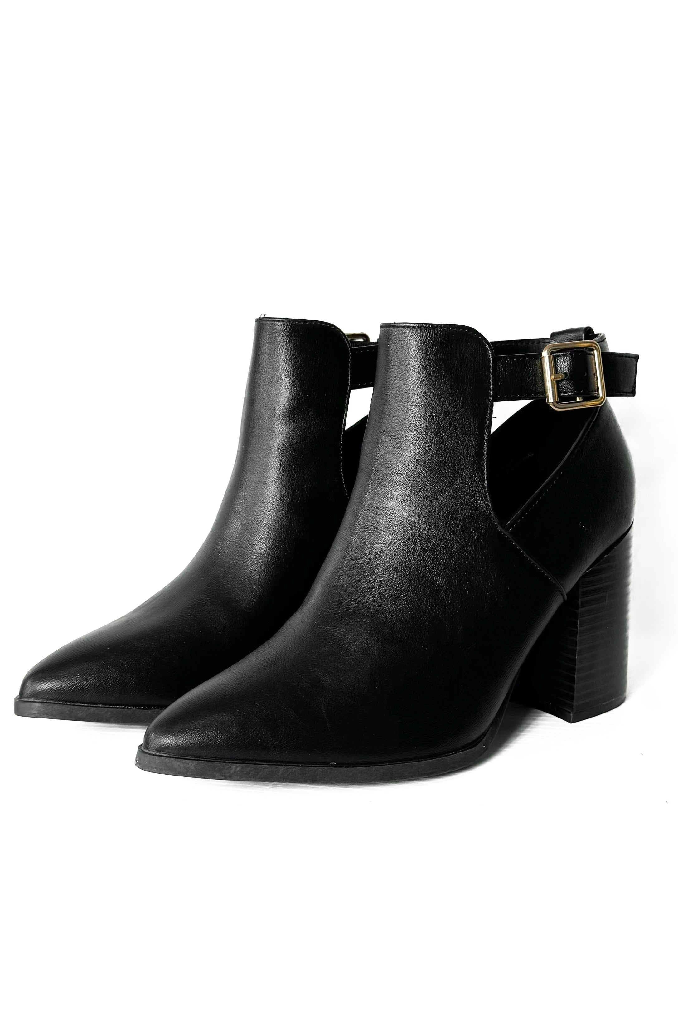 pleather pointed toe cutout ankle booties in black
