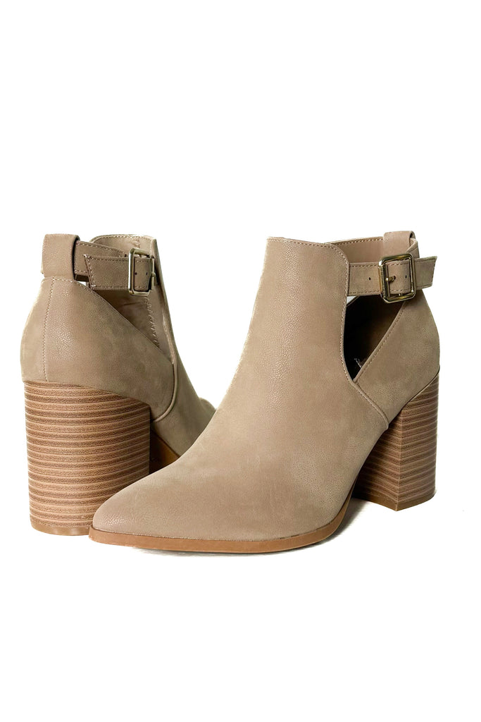 suede pointed toe cutout ankle booties in taupe