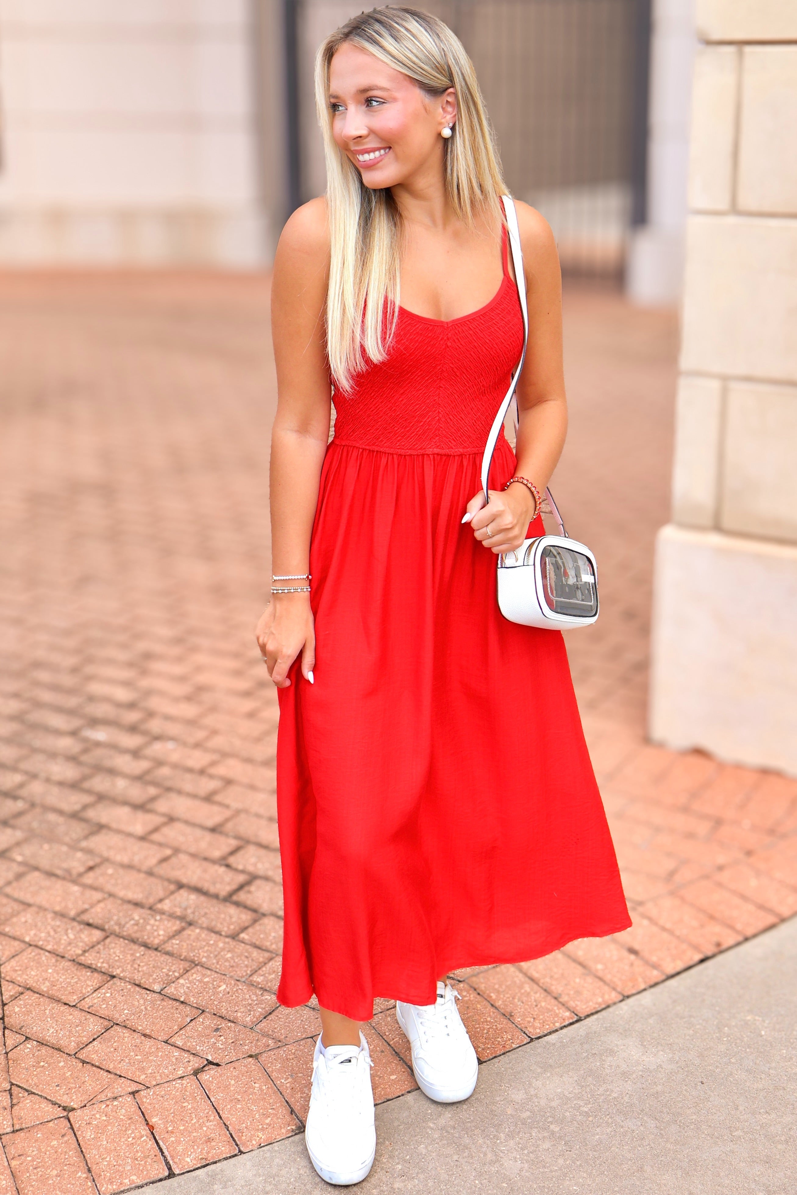 No Plans Needed Sleeveless Smocked Midi Dress in Red Red / S