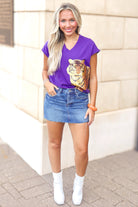 Time to Geaux Sequin Tiger Face Cuff Tee by Bomb Designs in Purple