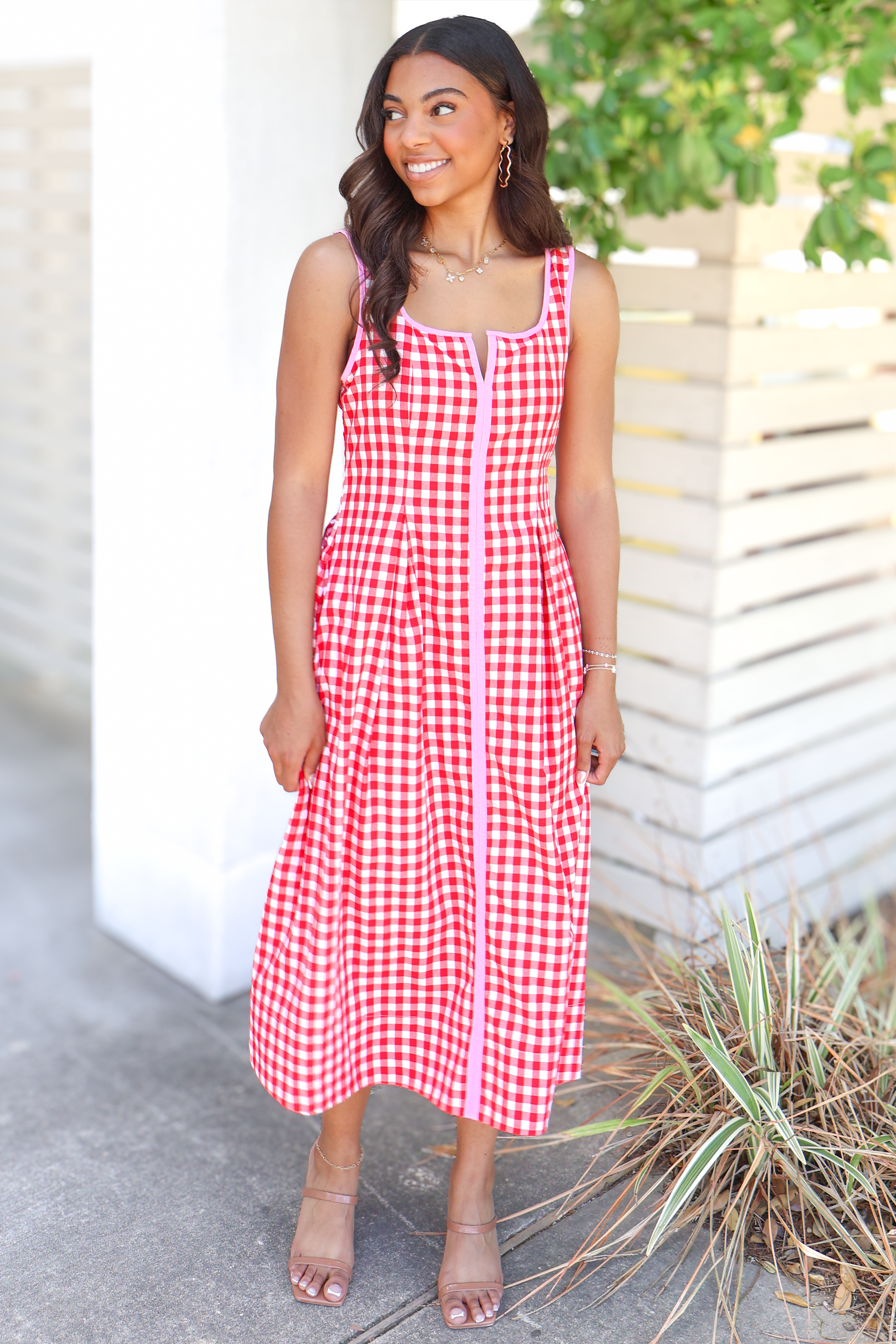 Show Me the Way Gingham Tank Midi Dress Red / L