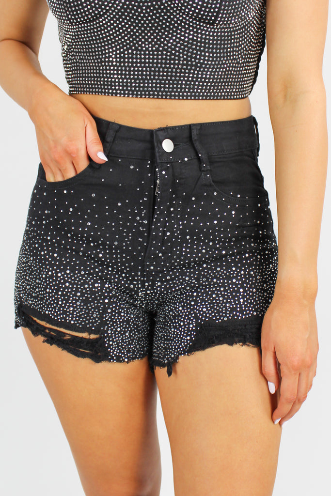 black denim shorts with rhinestone studs throughout