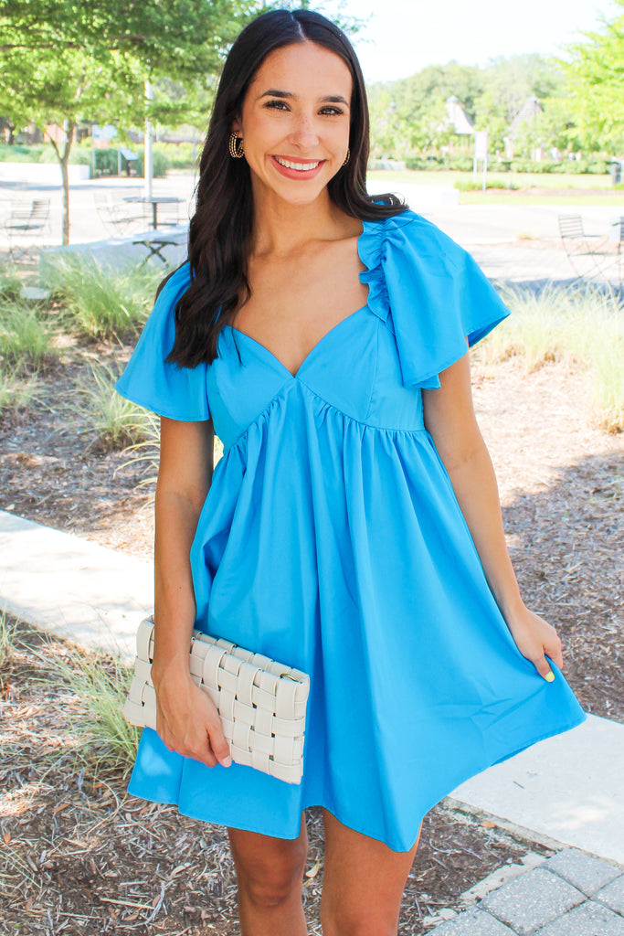 bright blue ruffle sleeve babydoll dress