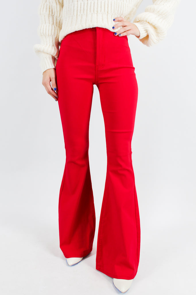 red flare jeans