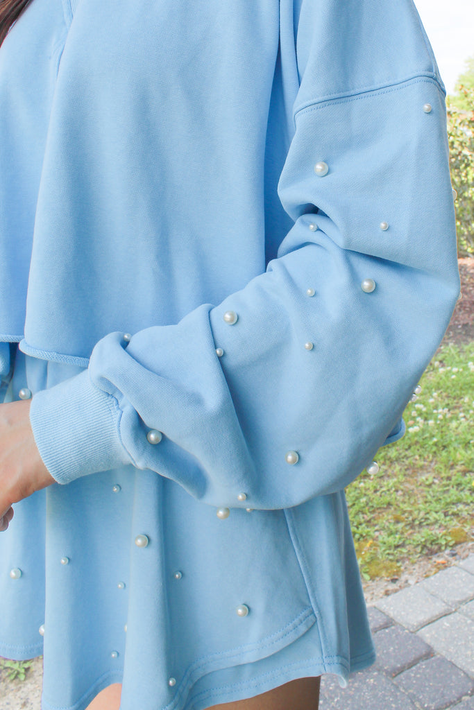 light blue cotton cropped sweatshirt with pearl embellished sleeves