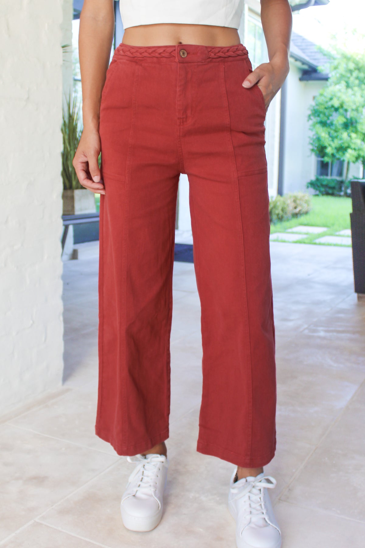 braided band straight leg jeans in brick