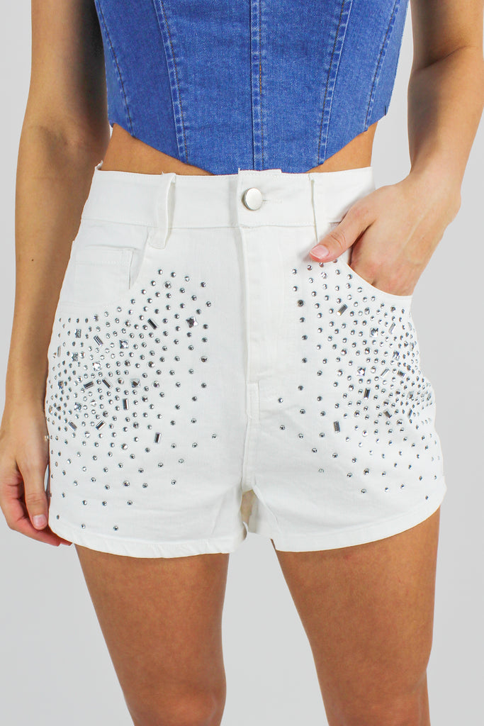 white high rise rhinestone studded denim shorts 