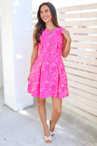 Hot pink jacquard pleated zipper mini dress