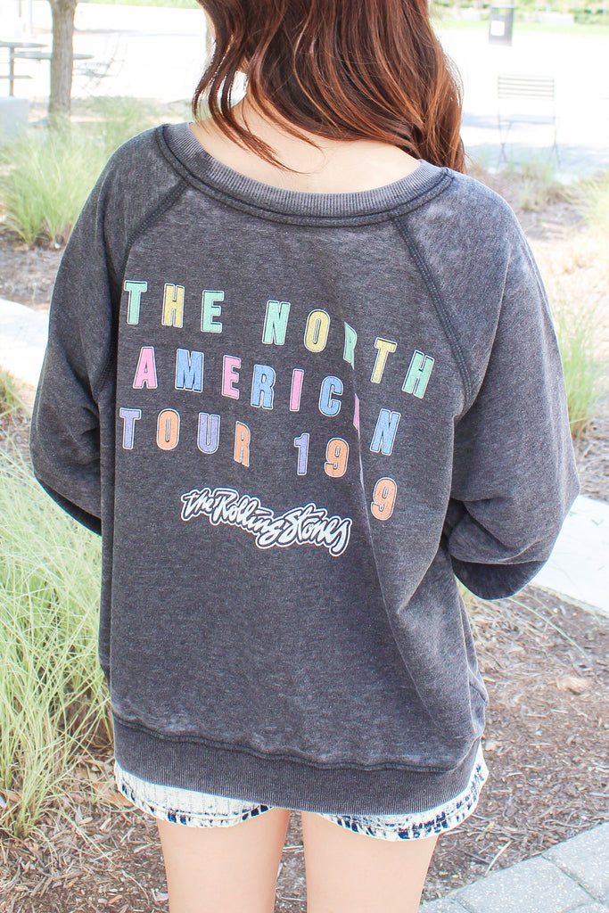 charcoal grey rolling stones graphic tee with multicolored graphics