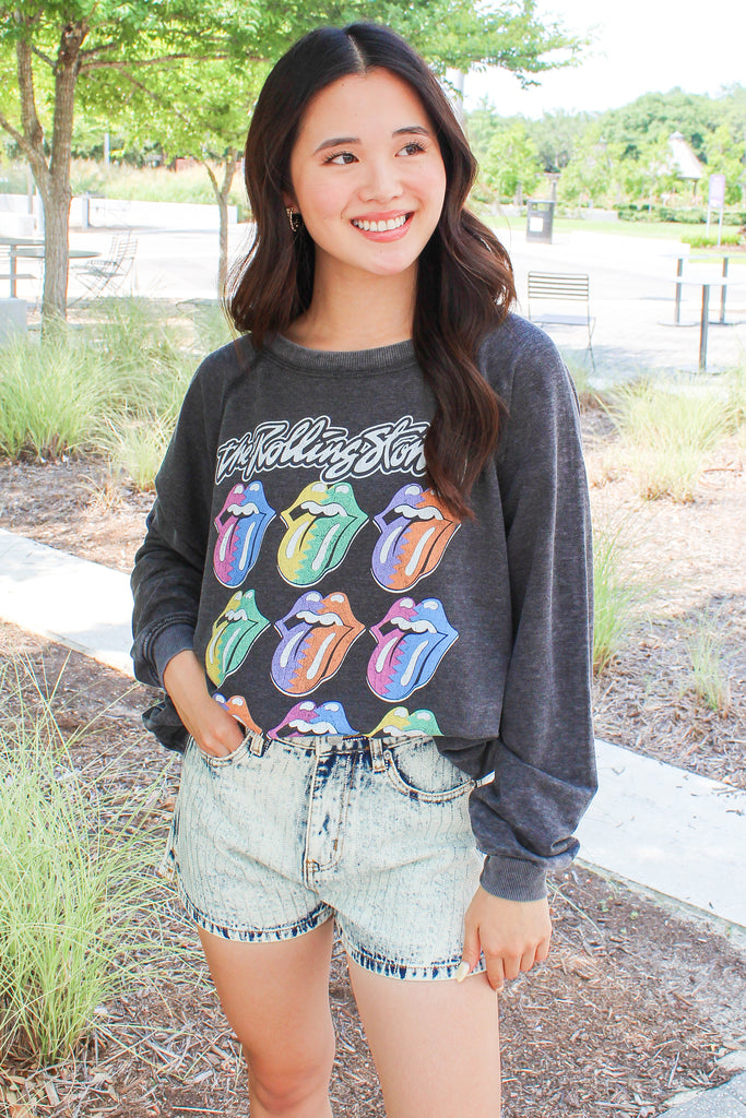charcoal grey rolling stones graphic tee with multicolored graphics