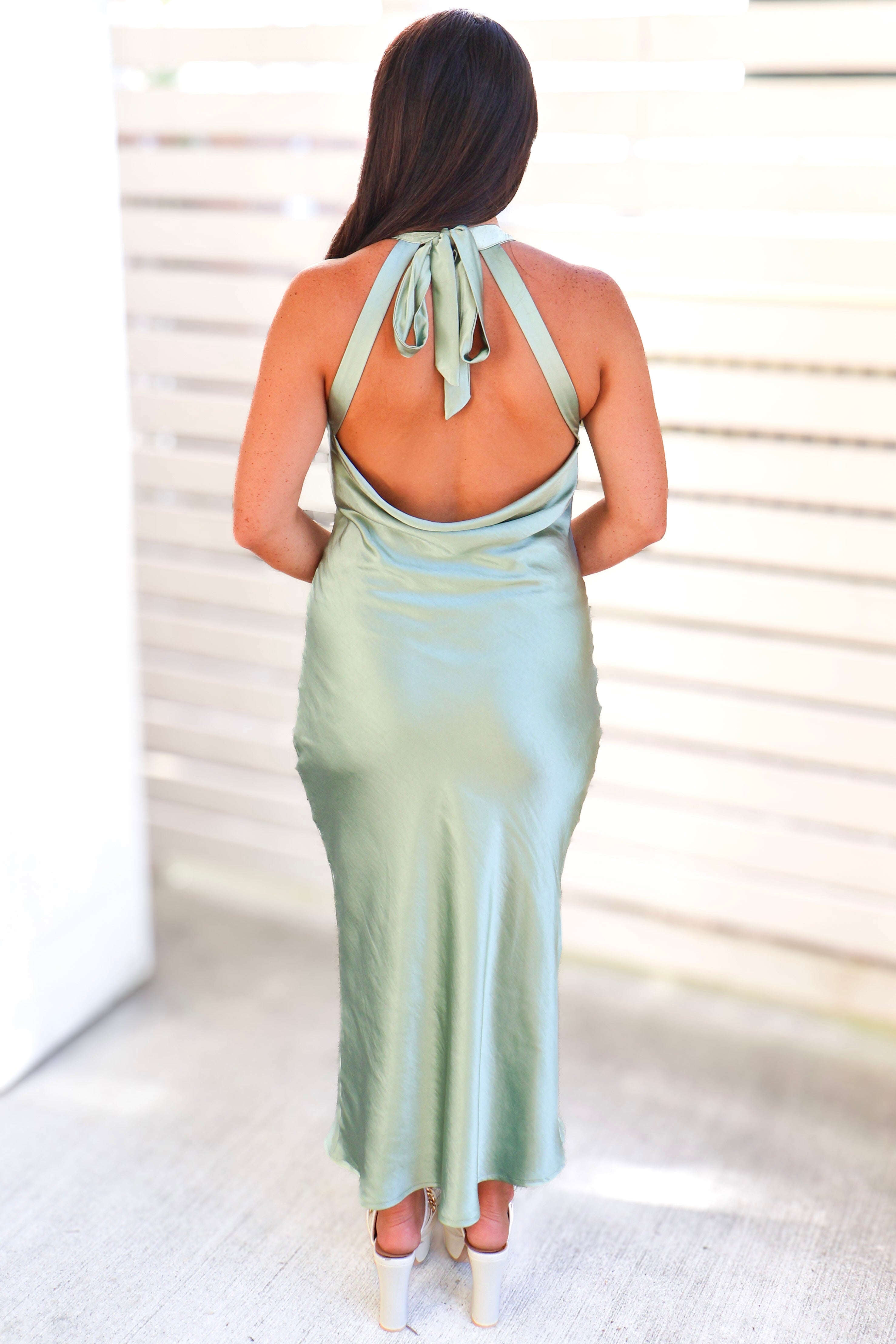 I Took My Chance Halter Neck Open Back Midi Dress in Sage Size S Sage / S