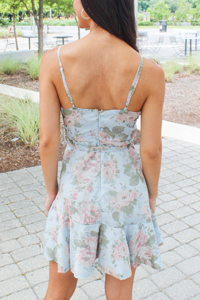 light blue floral print tank tie waist dress