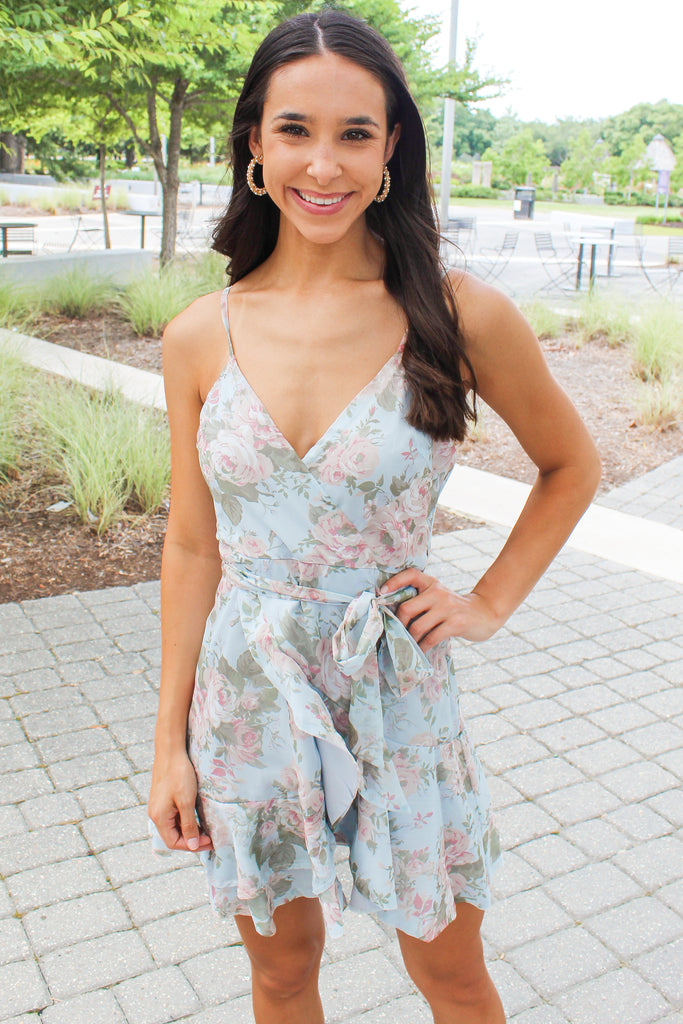 light blue floral print tank tie waist dress