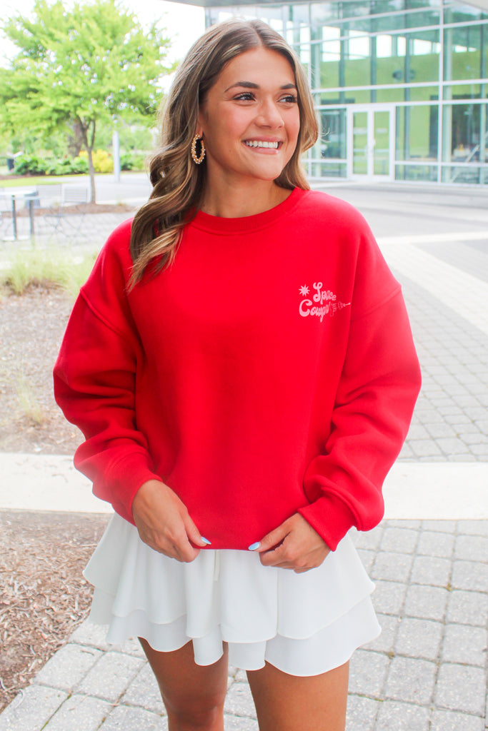 red and light pink graphic space cowgirl sweatshirt