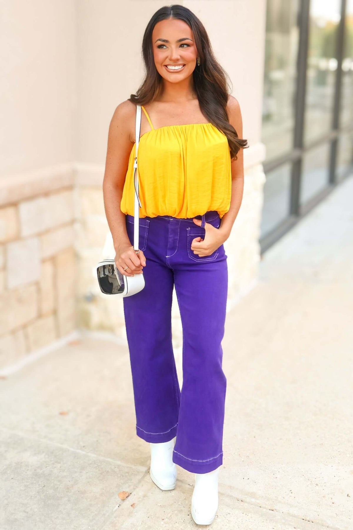 Speaking to You Thin Strap Bubble Hem Top in Mustard