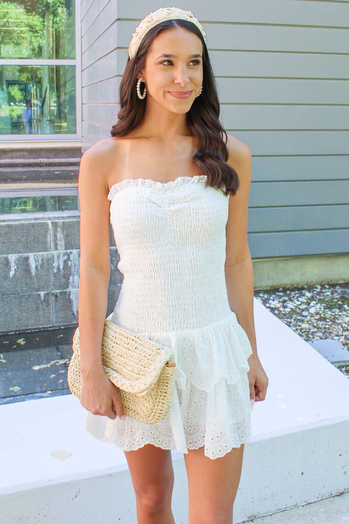 white eyelet smocked strapless dress