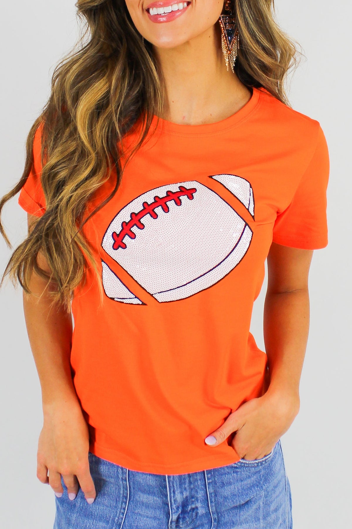Tailgate Party Sequin Tee in Orange Size XXL-TOP S/S PRINT