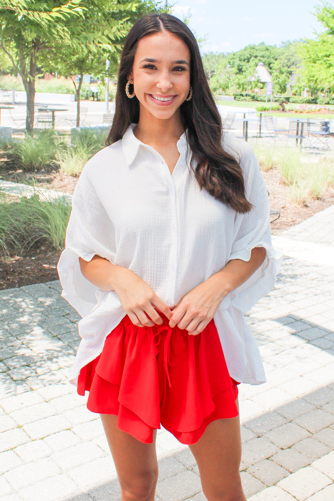 white gauze ruffle sleeve oversized button down top