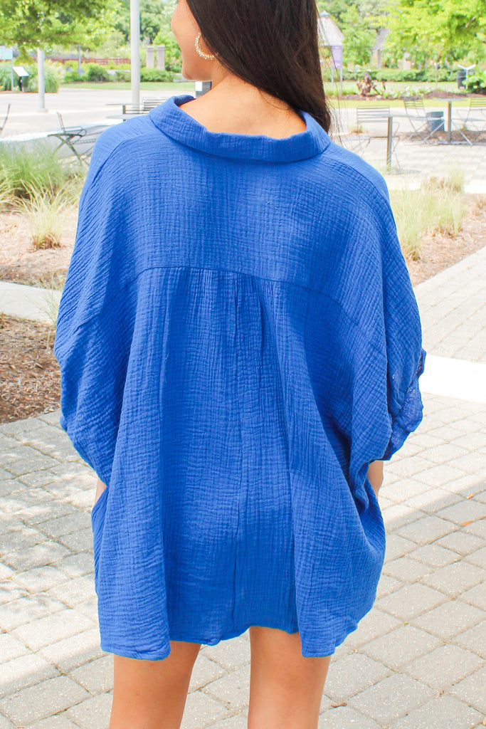 royal blue gauze ruffle sleeve oversized button down top