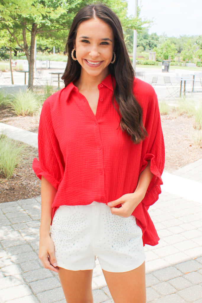 red gauze ruffle sleeve oversized button down top