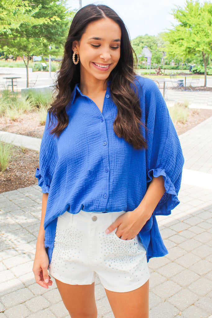 royal blue gauze ruffle sleeve oversized button down top