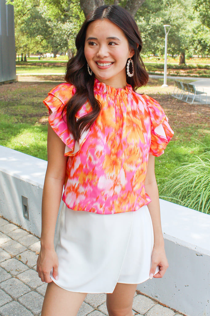 pink, orange and white watercolor printed ruffle sleeve blouse 
