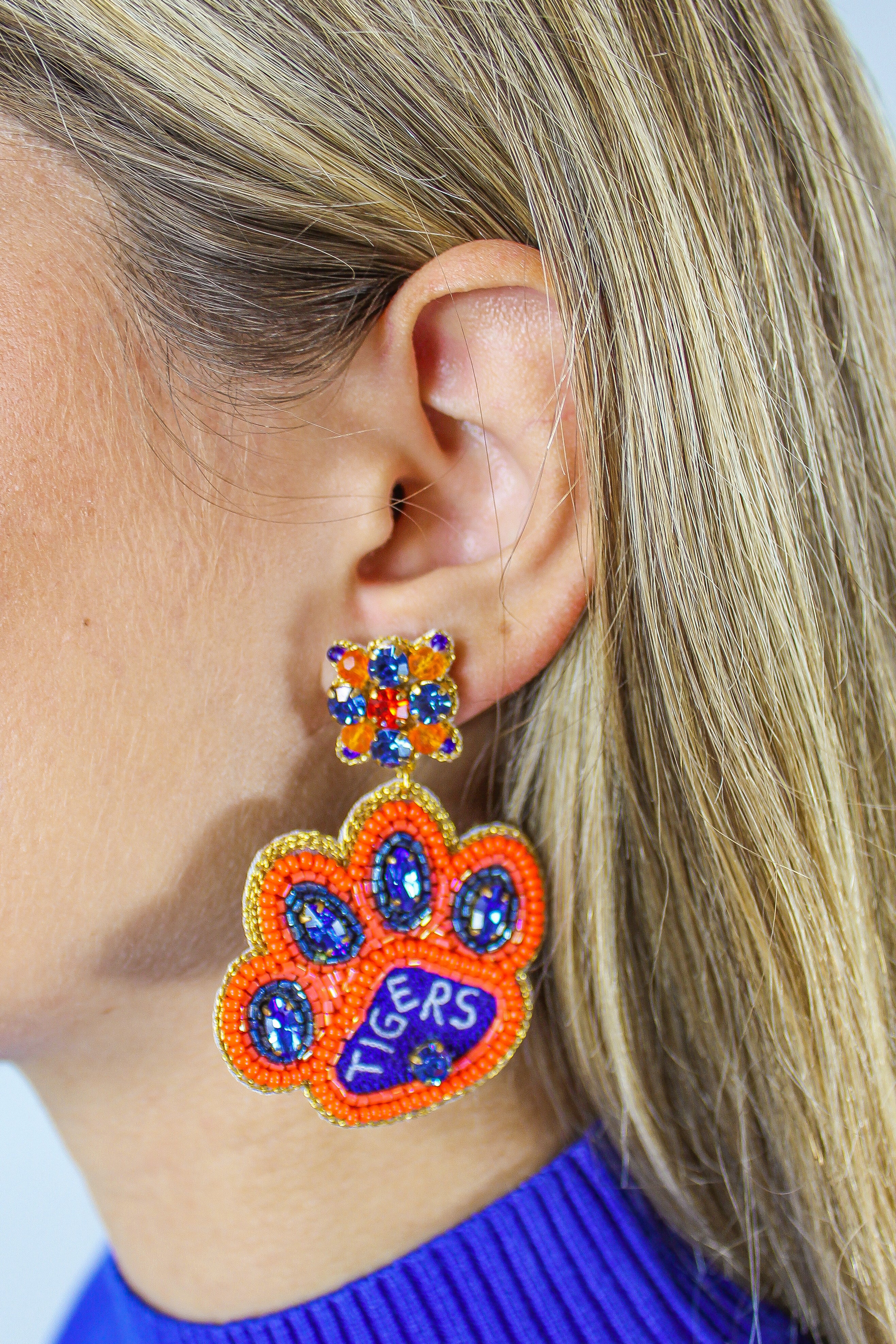 Tiger Paw Earrings in Blue Orange by Taylor Shaye Frock Candy