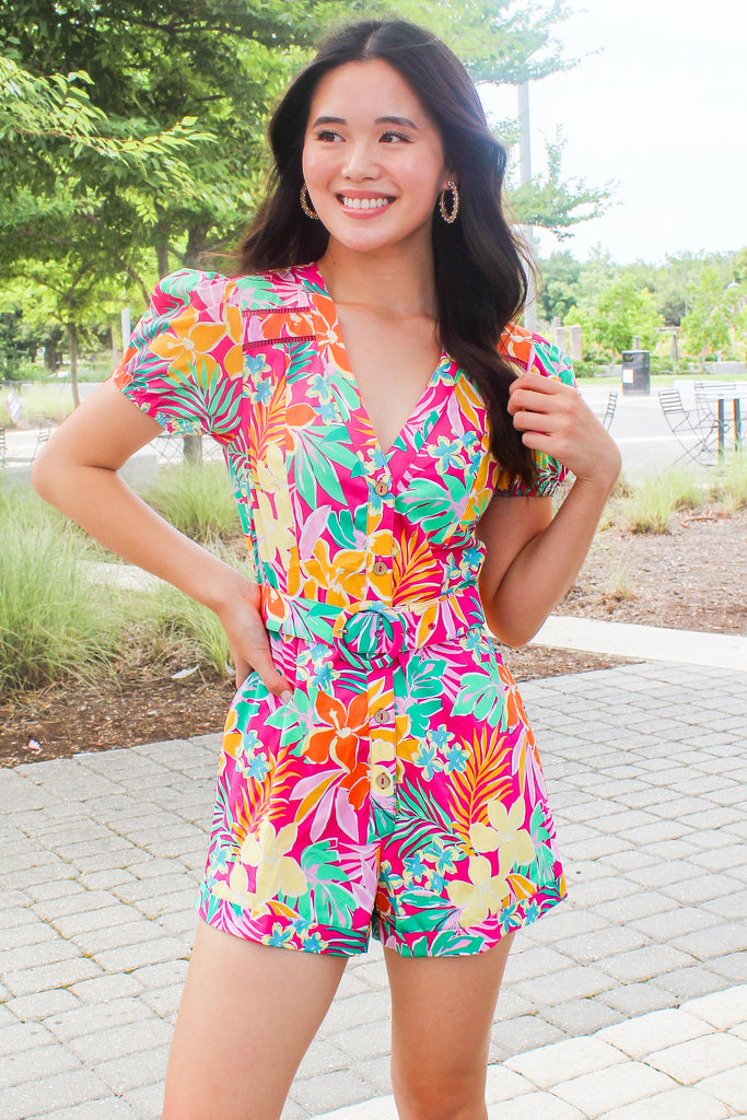 tropical print belted button up romper