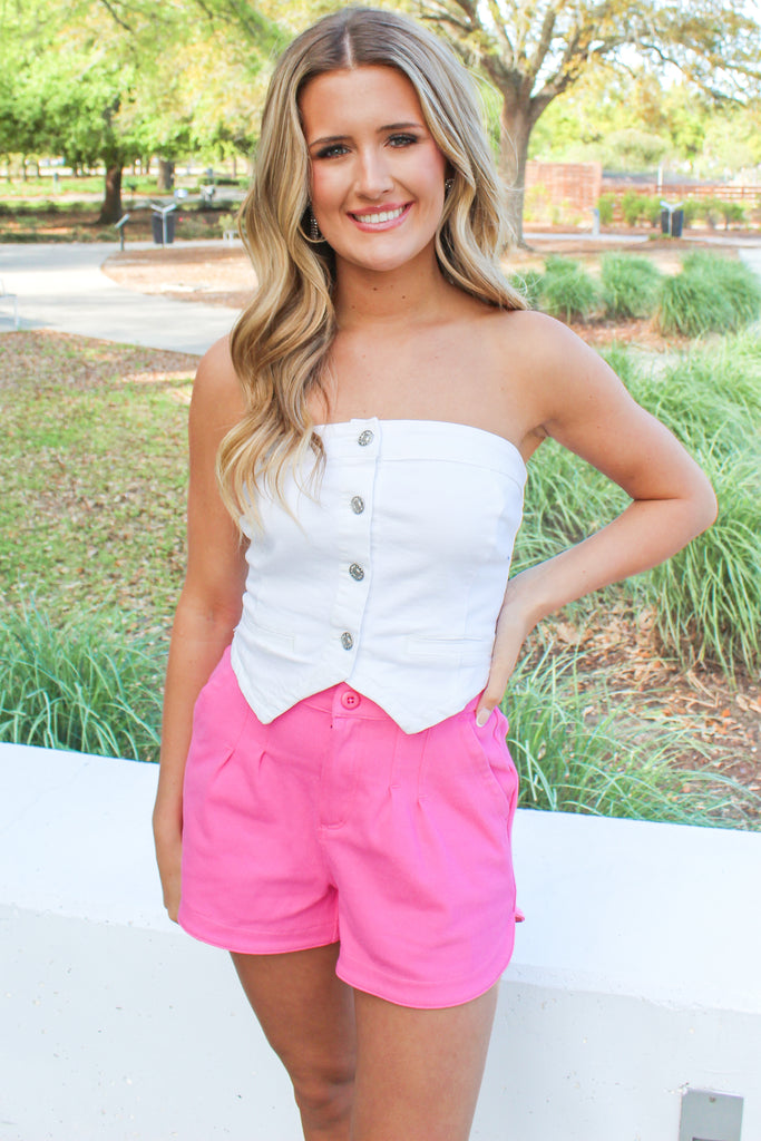 white strapless denim tube top that buttons down the front