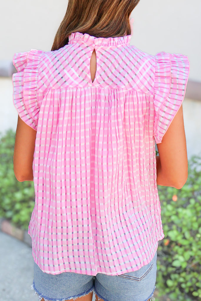back of ruffle detail gingham blouse